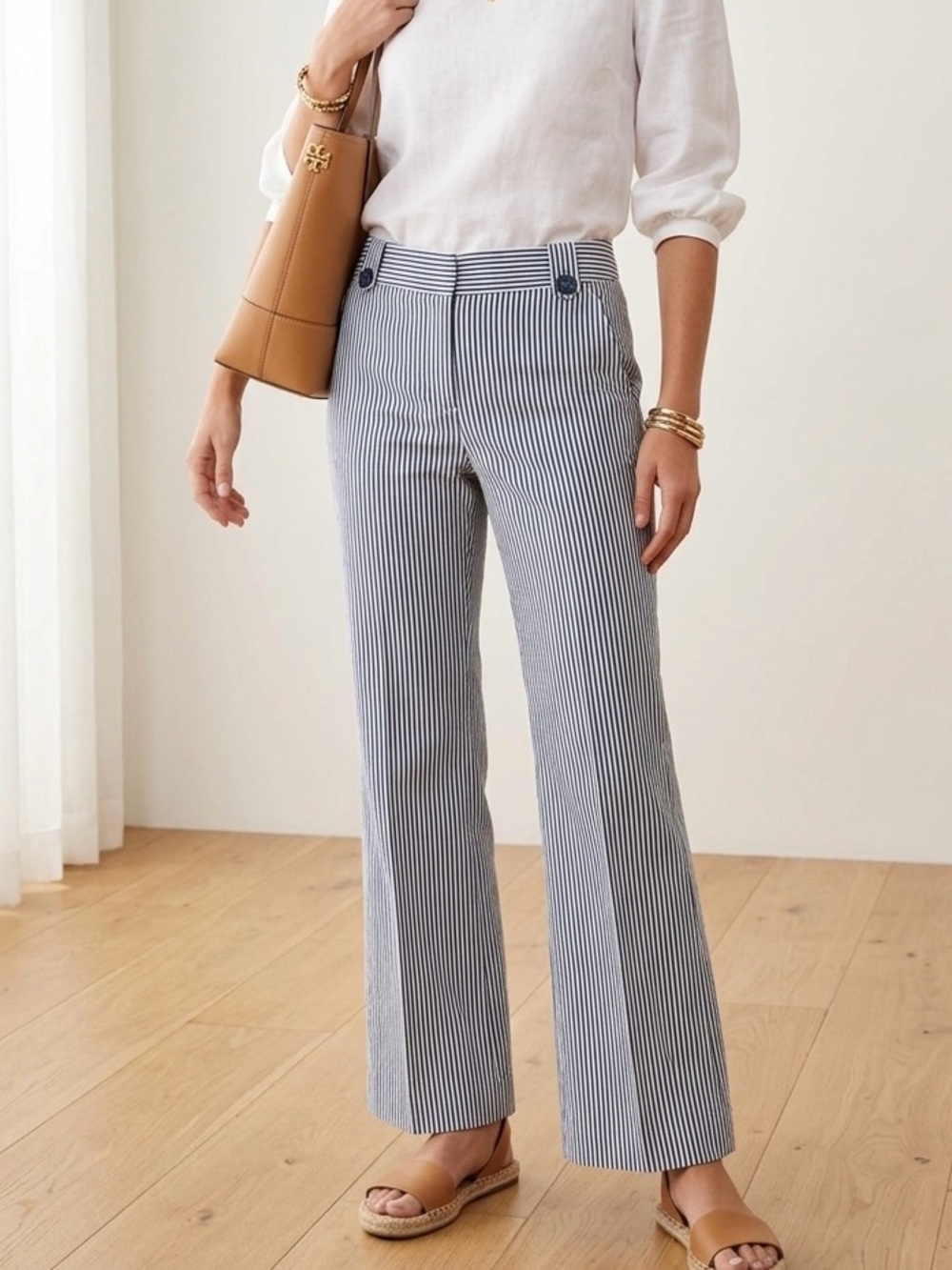 TORY BURCH Navy & White Striped Wide Leg Pants
